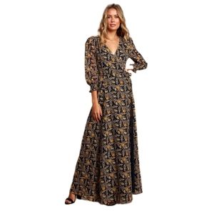 LULU'S Black Floral Print Chiffon Long Sleeve Maxi Wrap Dress, Size L